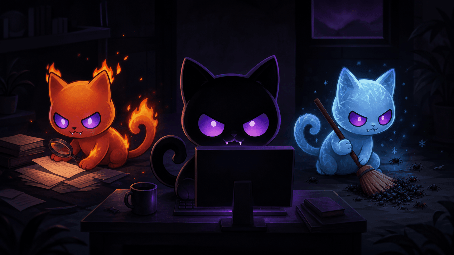 Three chibi cats: fire, shadow, and ice, representing Bilibala Shadowpaw's crew